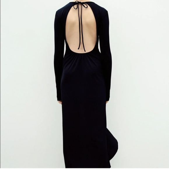 Zara Cut Out Black Open Back Keyhole Dress Maxi Slit S Long Sleeve - Picture 7 of 14